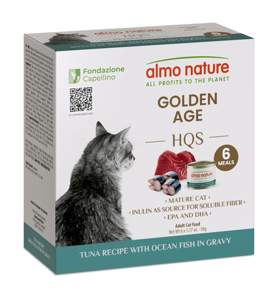 Almo Nature HQS Golden Age Cat Food - Tuna Recipe With Ocean Fish In Gravy 4 Boxes of 6x50g