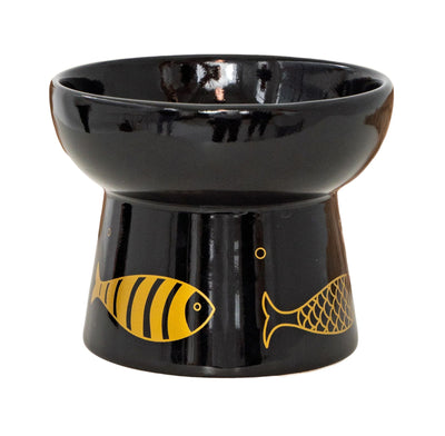 Dexypaws Raised Ceramic Cat Bowl, Black with Gold Fish Cat 7oz 1pc