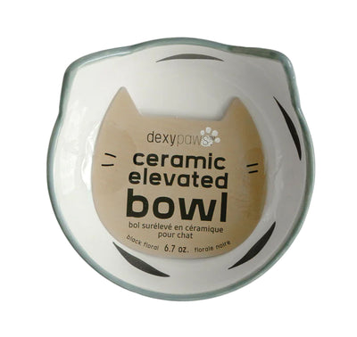Dexypaws Raised Ceramic Cat Bowl, White and Black Flower Print Cat 7oz 1pc