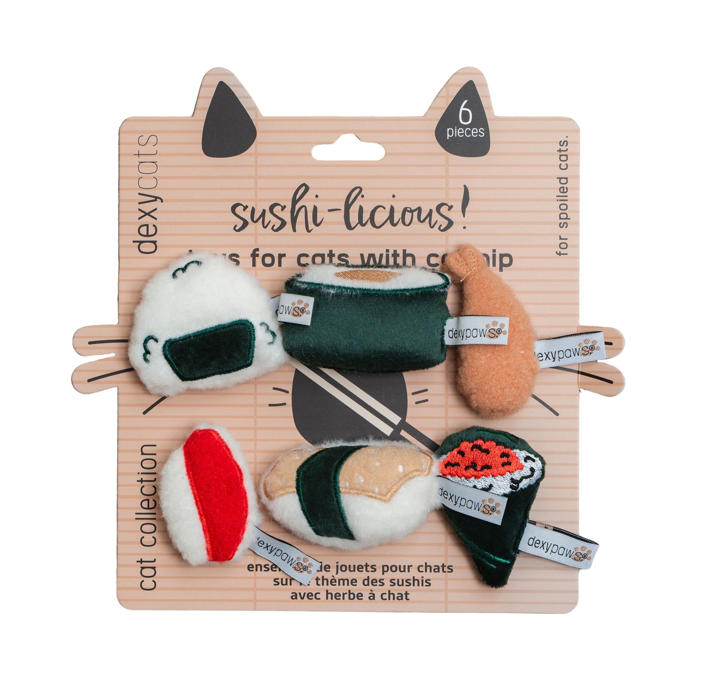 Dexypaws Plush Cat Toys, Sushi 6pc