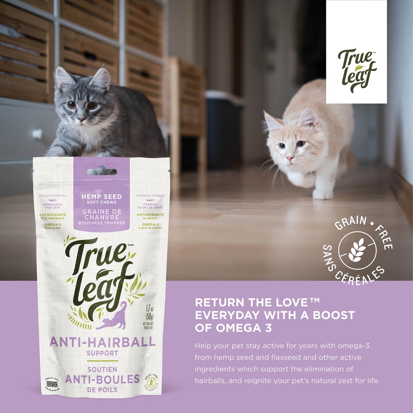 TRUE LEAF HAIRBALL SUPPORT CHEWS FOR CATS 50GM