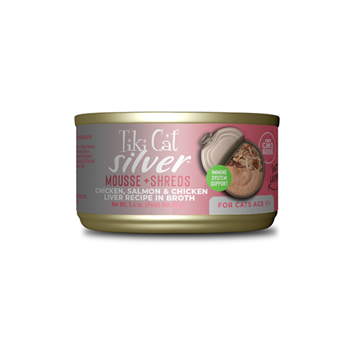 Tiki Cat® Silver™ Mousse + Shreds Chicken, Salmon & Chicken Liver Recipe in Broth 2.4oz