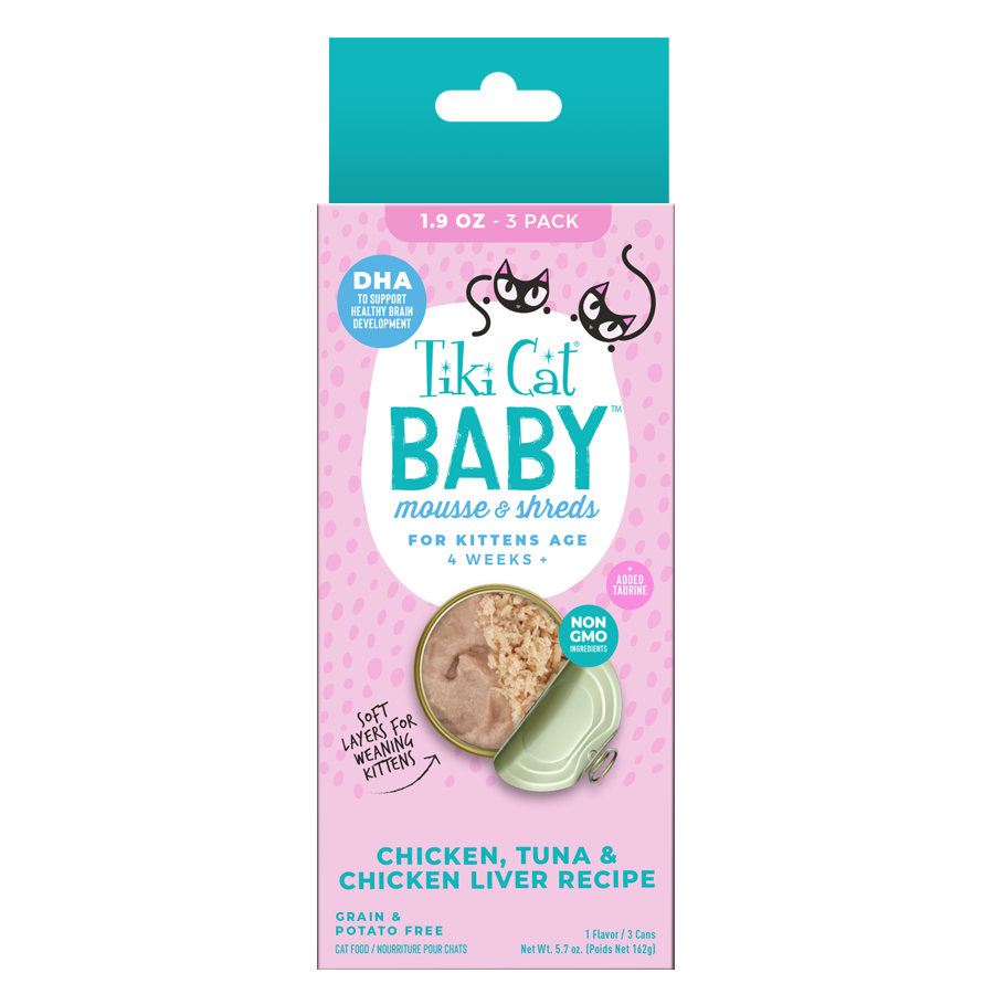 Tiki Cat® Baby Mousse & Shreds Chicken, Tuna & Chicken Liver Recipe, 1.9oz (3 cans)