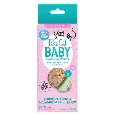 Tiki Cat® Baby Mousse & Shreds Chicken, Tuna & Chicken Liver Recipe, 1.9oz (3 cans)