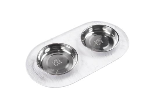 Double Silicone Cat Feeder with Stainless Steel Bowls - Marble