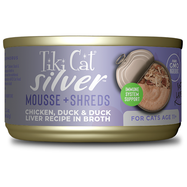 Tiki Cat® Silver™ Senior Mousse & Shreds with Chicken, Duck & Duck Liver Recipe in Broth
