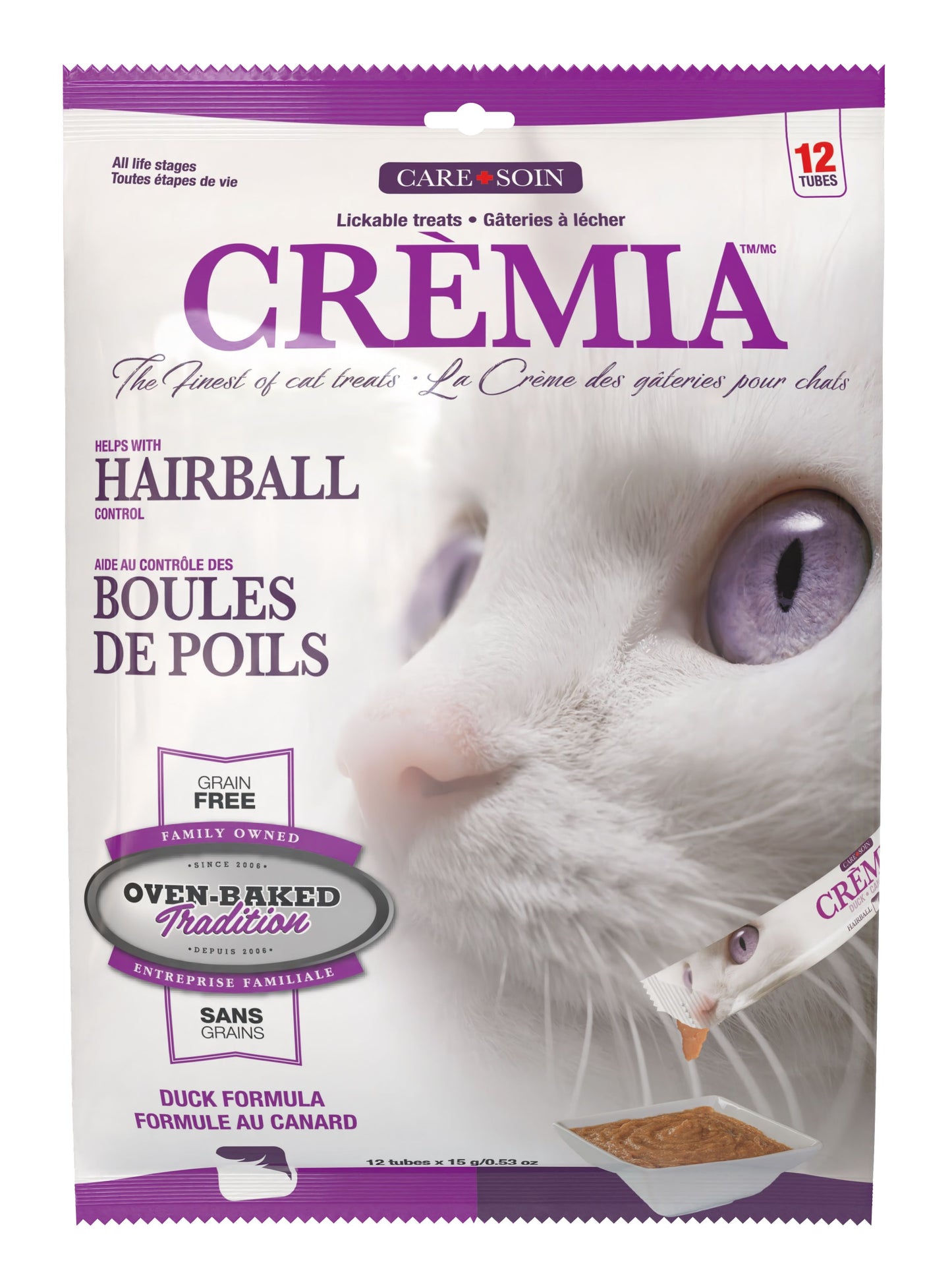 Oven-Baked Tradition Crèmia Lickable Treats Grain-Free Hairball Duck Cat 8pk of 12 Tubes 15g