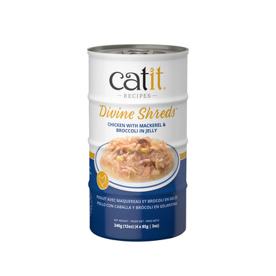 Catit Divine Shreds - Chicken with Mackerel & Broccoli in Jelly - 4 x 85 g Cans