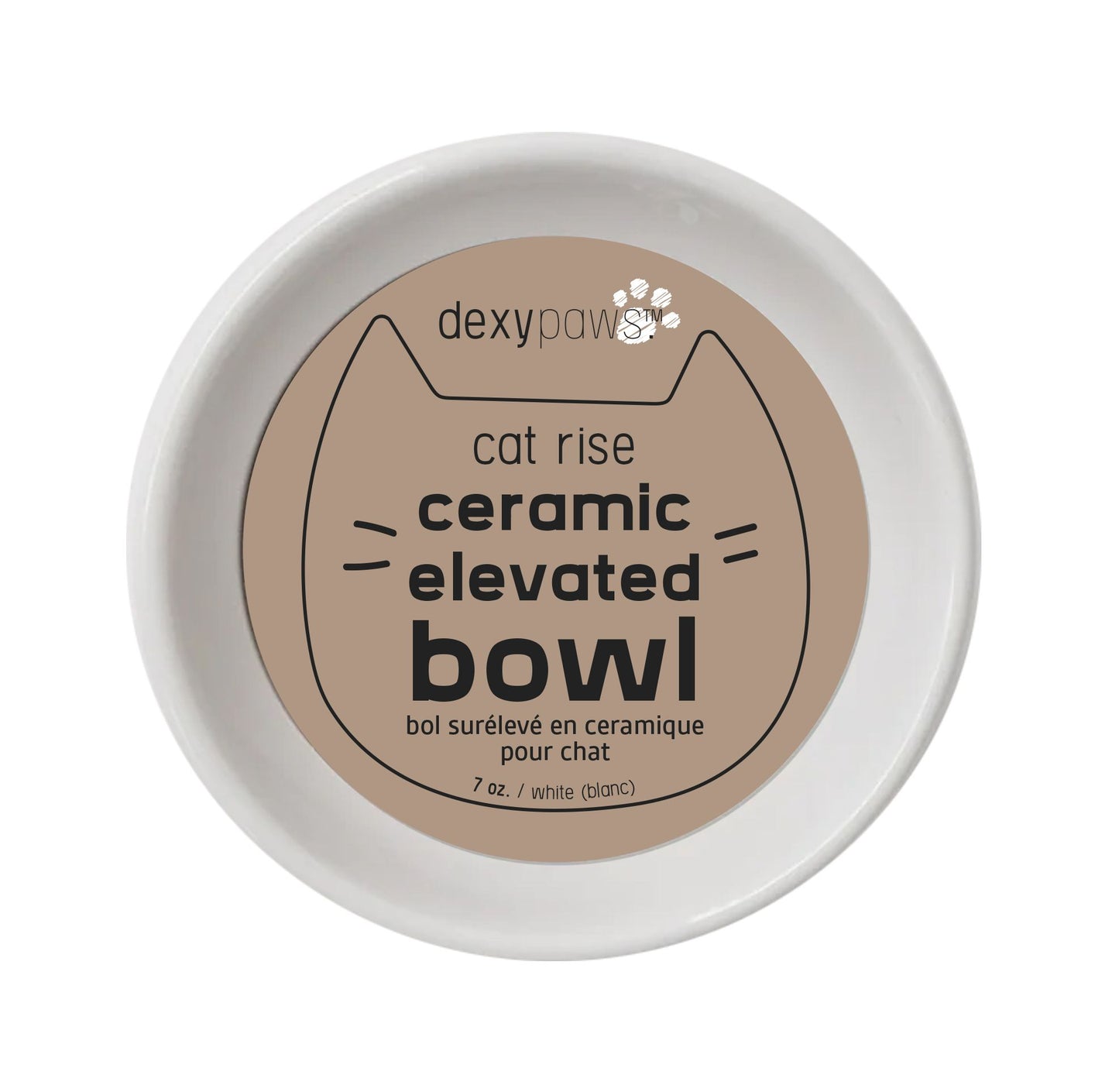 Dexypaws Raised Ceramic Cat Bowl, White Cat 7oz 1pc