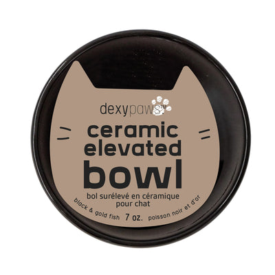 Dexypaws Raised Ceramic Cat Bowl, Black with Gold Fish Cat 7oz 1pc