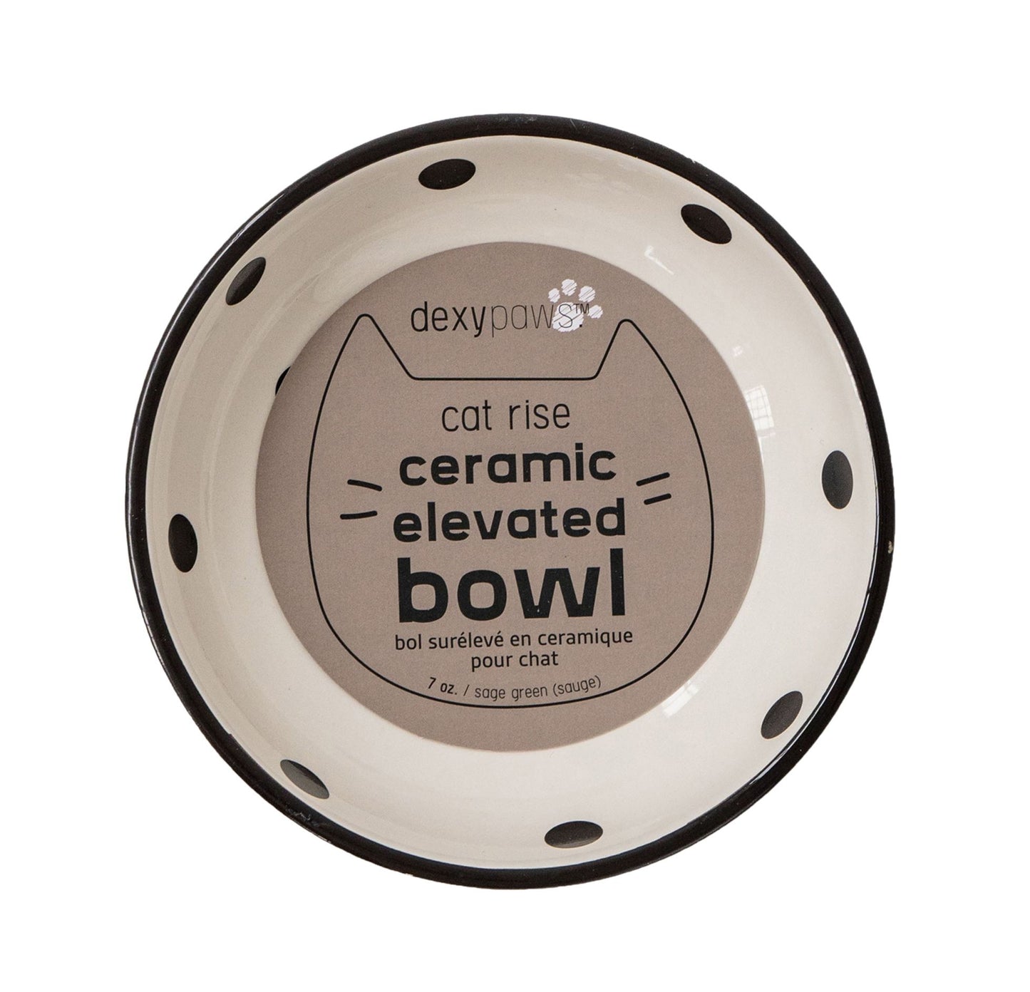 Dexypaws Raised Ceramic Cat Bowl, White and Black Dots Cat 8.7oz 1pc