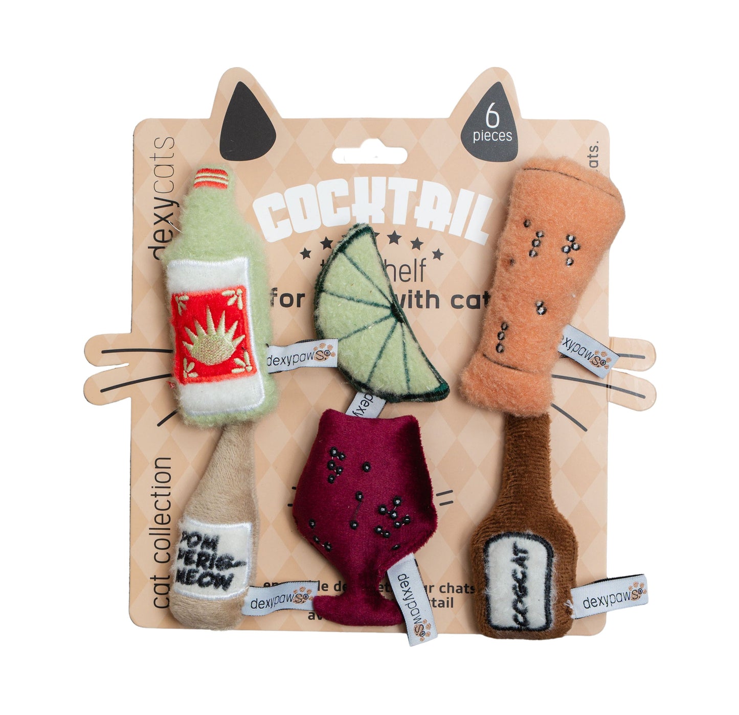 Dexypaws Plush Cat Toys, Cocktail 6pc