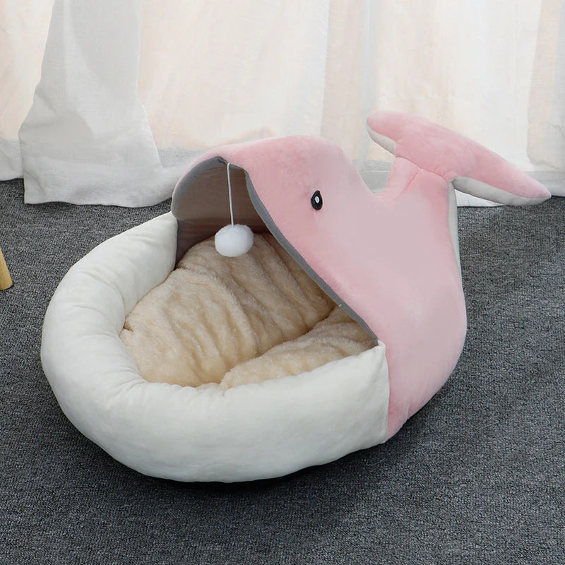 Pink Whale Cotton Semi-Enclosed Cat Bed with Teaser (Medium)