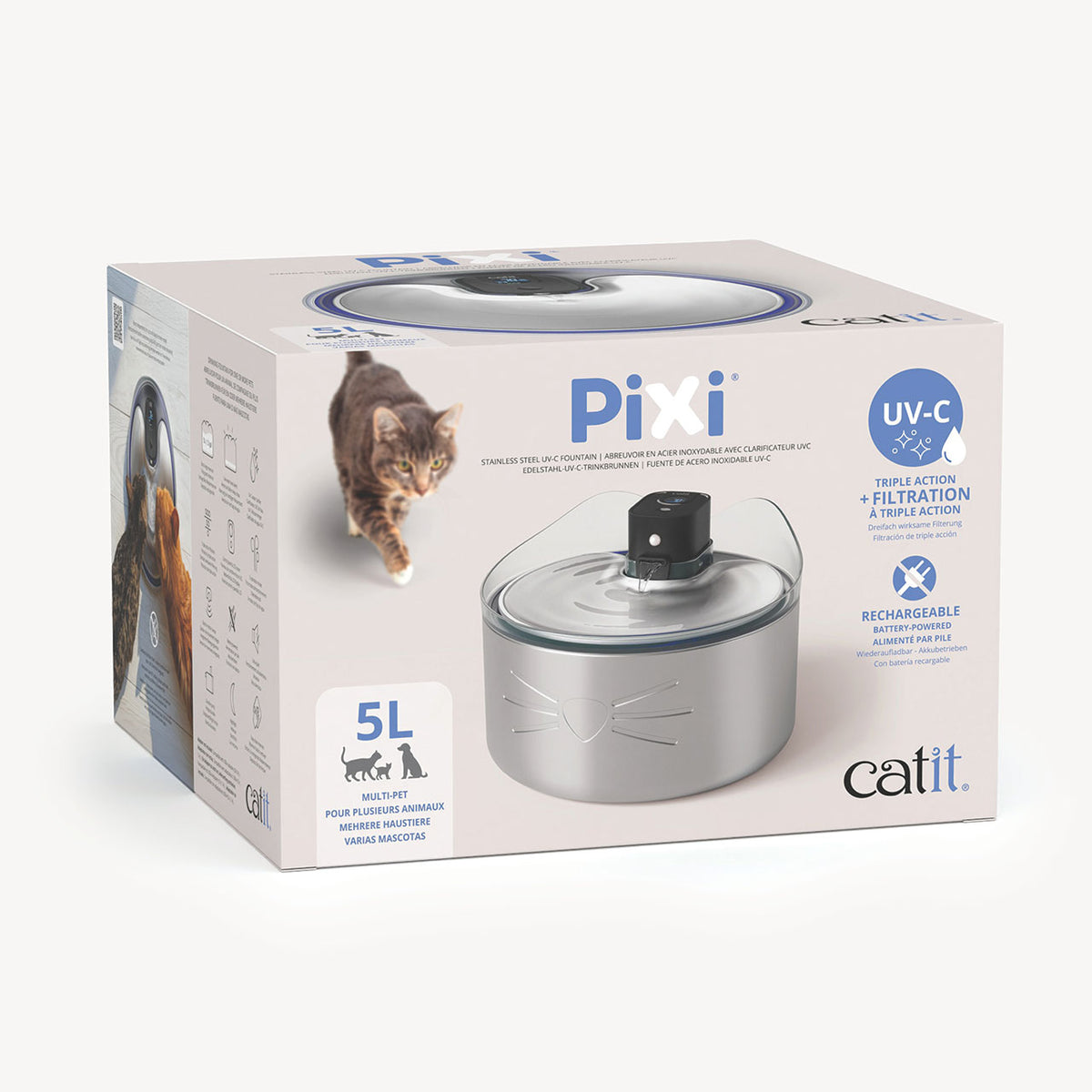 Catit PIXI Cordless Stainless Steel UV-C Drinking Fountain - 5L (1.3 gal)