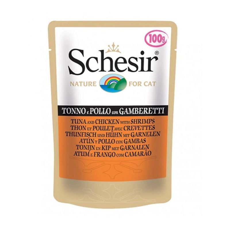 Schesir Tuna and Chicken Fillets with Shrimps in Jelly Pouch, 100g