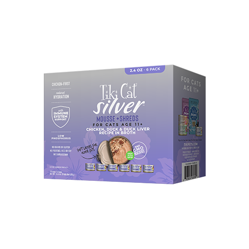 Tiki Cat® Silver™ Senior Mousse & Shreds with Chicken, Duck & Duck Liver Recipe in Broth