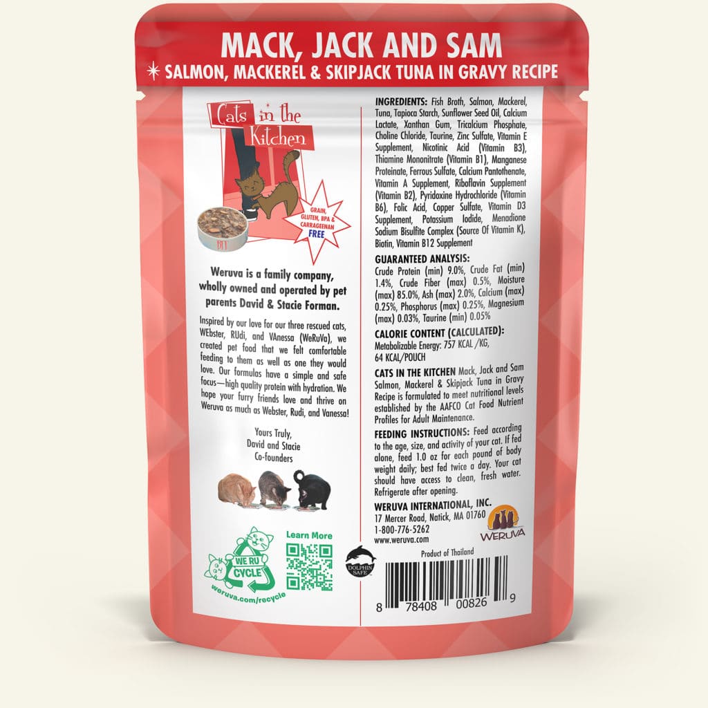 Weruva Mack, Jack & Sam - Salmon, Mackerel & Skipjack Tuna in Gravy Recipe, 3oz