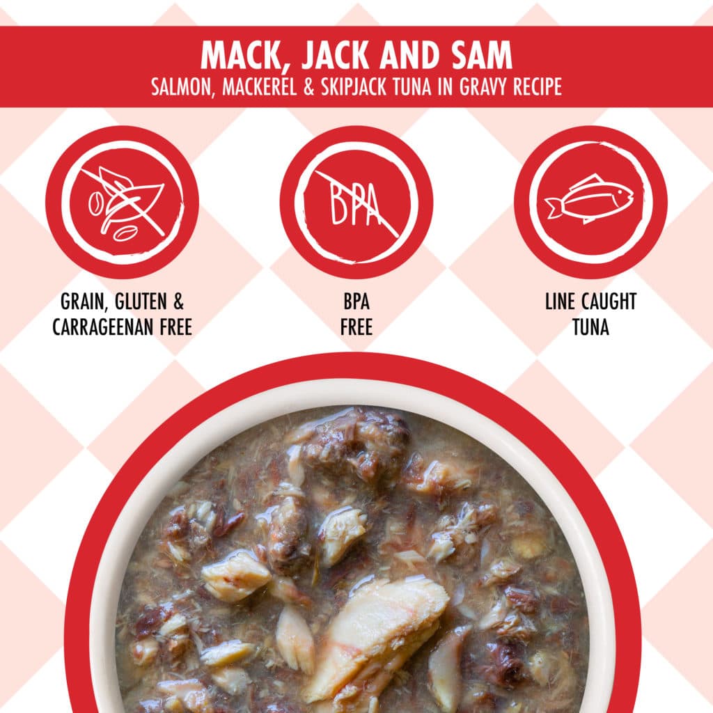 Weruva Mack, Jack & Sam - Salmon, Mackerel & Skipjack Tuna in Gravy Recipe, 3oz