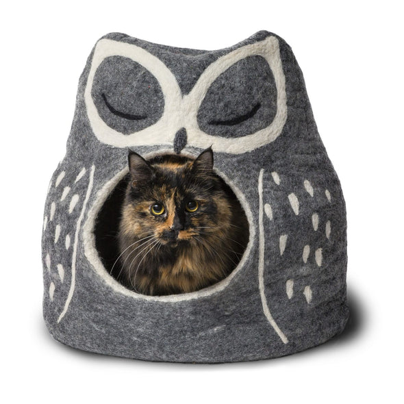 Wool Felt Owl Cave Bed - Grey
