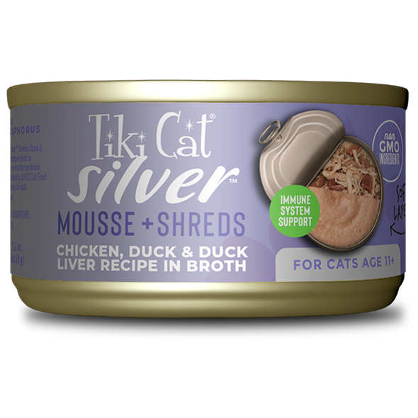 Tiki Cat® Silver™ Senior Mousse & Shreds with Chicken, Duck & Duck Liver Recipe in Broth